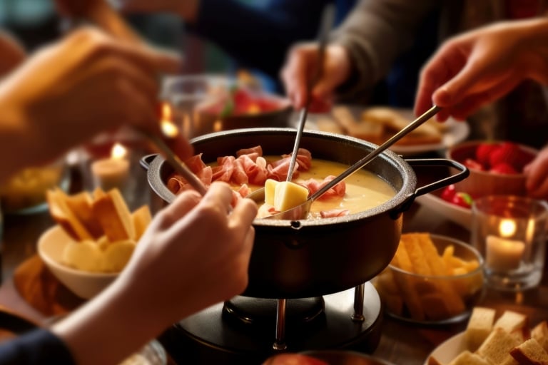 Käse-Fondue, in das mehrere Personen Brotstückchen eintauchen